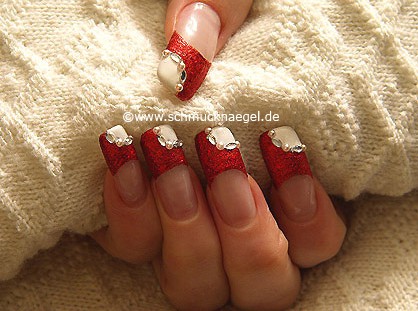 Fingernail motif with nail art liner in red-glitter