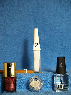 Produkte für das Nageldesign Anleitung für die Fingernägel - Nagellack, Nailart Liner, Spot-Swirl, Klarlack, Nailart Bouillons