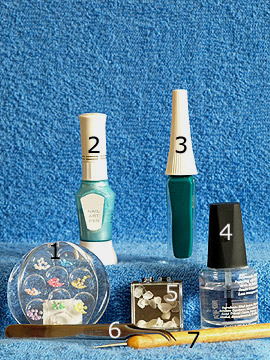 Produkte für das Nailart Motiv mit Meeres-Muschel - Halbperlen, Nailart Pen, Nailart Liner, Meeres-Muscheln, Spot-Swirl, Klarlack