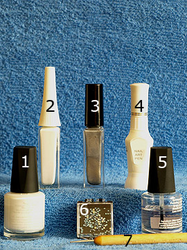 Produkte für das Motiv 'Anleitung für schöne Fingernägel' - Nagellack, Nailart Liner, Nailart Pen, Strasssteine, Spot-Swirl, Klarlack