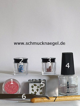 Produkte für das Motiv mit Keramik-Blumen und Glitter Pulver - Keramik-Blumen, Getrocknete Blätter, Glitter-Pulver, Spot-Swirl, Klarlack