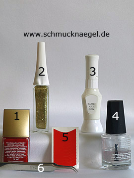 Produkte für das French Motiv mit Nagellack in rot - Nagellack, Nailart Liner, Nailart Pen, French Maniküre Schablonen