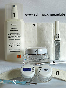 Produkte für das French Motiv mit Farbgel - Nailart Liner, Reiniger (Dispersionsschicht), Zellstoff-Tupfer, Versiegelungsgel, Farbgel, Nagelfeile, Spot-Swirl