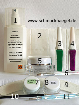 Produkte für das Motiv für Fingernägel mit Farbgel in mint - Nailart Liner, Reiniger (Dispersionsschicht), Zellstoff-Tupfer, Versiegelungsgel, Farbgel, Nagelfeile, Spot-Swirl