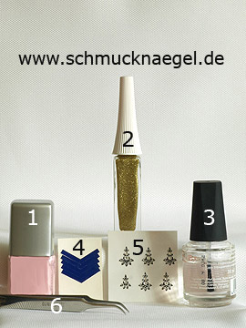 Produkte für das Motiv mit Nail Sticker und Nagellack in rosa - Nagellack, Nailart Liner, French Maniküre Schablonen, Nail Sticker