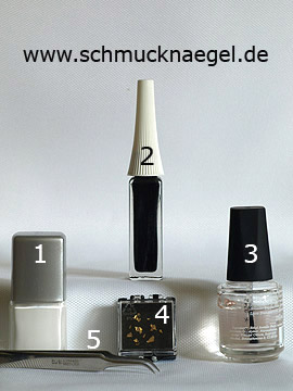 Produkte für das Fingernagel Motiv mit Blattgold und Nagellack - Nagellack, Nailart Liner, Blattgold