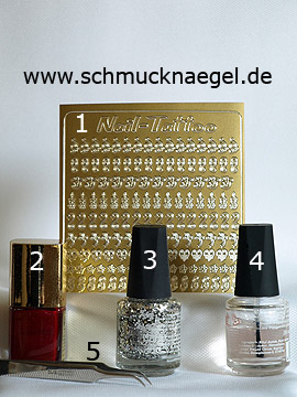 Produkte für das Valentinstag Motiv mit Glitterlack in silber - Nail-Tattoos, Nagellack, Glitterlack