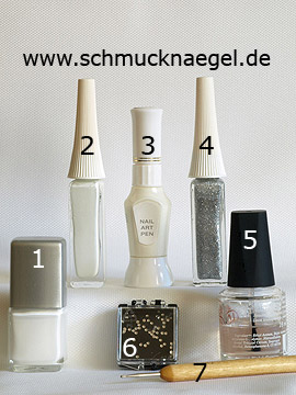 Produkte für das Hochzeit French Motiv mit Strasssteinen - Nagellack, Nailart Liner, Nailart Pen, Strasssteine, Spot-Swirl