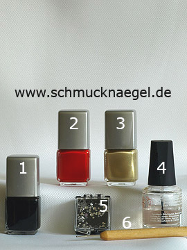 Produkte für das Nailart 'Deutsche Nationalflagge als Fingernagel Motiv' - Nagellack, Strasssteine, Spot-Swirl