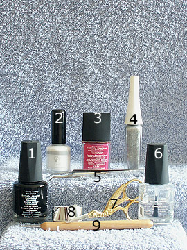 Produkte für das Design mit Metallic-Folie - Nagellack, Metallic-Folienkleber, Metallic-Folie, Nailart Liner, Klarlack