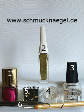 Produkte für das Motiv 'Dekorierte Fingernägel mit Blattgold' - Nagellack, Nailart Liner, Halbperlen, Blattgold, Spot-Swirl