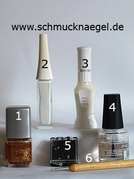 Produkte für das Fingernagel Motiv in kupfer-glitter und weiß - Nagellack, Nailart Liner, Nailart Pen, Strasssteine, Spot-Swirl