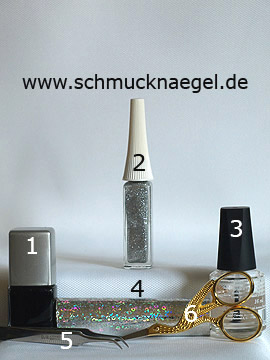 Produkte für das Motiv mit Hologramm-Folie und Nailart Liner in silber-glitter - Nagellack, Nailart Liner, Hologramm-Folie