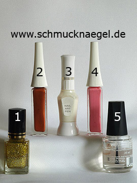 Produkte für das Nailart Motiv mit Nagellack in gold-glitter - Nagellack, Nailart Liner, Nailart Pen