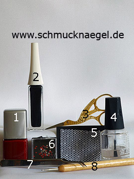 Produkte für das Gestalten der Fingernägel mit Nailart-Netz und Strasssteinen - Nagellack, Nailart Liner, Nailart Netz, Strasssteine, Spot-Swirl