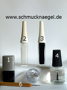 Produkte für das Motiv mit Nagellack und Nailart Liner zum Dekorieren - Nagellack, Nailart Liner, Strasssteine, Spot-Swirl