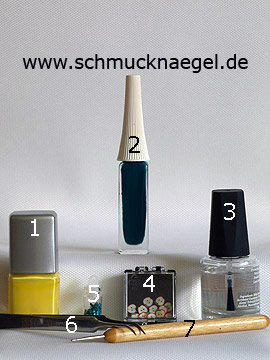 Produkte für das Motiv mit Nagellack in Gelb und Fimo-Frucht - Nagellack, Nailart Liner, Fimo-Früchte, Pailletten, Spot-Swirl