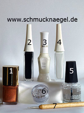 Produkte für das Motiv mit Nagellack in braun mit Glitterpartikel - Nagellack, Nailart Liner, Nailart Pen, Strasssteine, Spot-Swirl