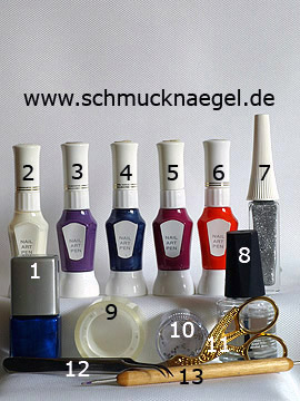Produkte für das Motiv mit Nailart Pens in verschiedenen Farben - Nagellack, Nailart Pen, Nailart Liner, Strasssteine, Spot-Swirl