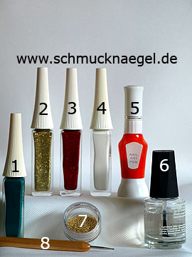 Produkte für das Motiv 'Tannenzweige als Weihnachts Fingernagel Dekoration' - Nailart Liner, Nailart Pen, Nailart Bouillons, Spot-Swirl