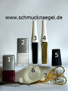 Produkte für das Zebra Motiv mit Nagellack in weiß und aubergine - Nagellack, Nailart Liner