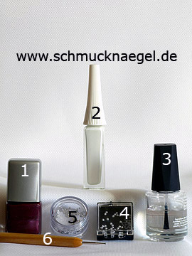 Produkte für das Design 'Halbperlen und Strassstein für ein Nailart Motiv' - Nagellack, Nailart Liner, Halbperlen, Strasssteine, Spot-Swirl