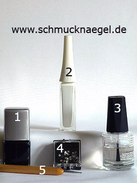 Produkte für das Rauten Fingernagel Motiv mit Strasssteinen - Nagellack, Nailart Liner, Strasssteine, Spot-Swirl