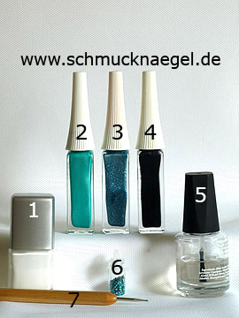 Produkte für das Motiv mit Pfauenfeder als Fingernagel Design - Nagellack, Nailart Liner, Pailletten, Spot-Swirl