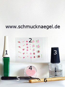 Produkte für das Fingernagel Design mit Blumensticker - Nailart Liner, Nail Sticker, Glitter-Pulver, Spot-Swirl