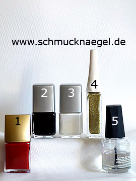 Produkte für das Motiv mit Nailart Liner und Nagellacke in verschiedenen Farben - Nagellack, Nailart Liner