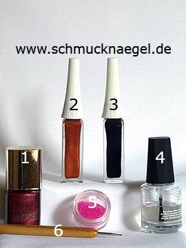 Produkte für das Motiv mit Herbstfarben und Mikroperlen für die Nägel - Nagellack, Nailart Liner, Mikroperlen, Spot-Swirl