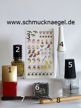 Produkte für das Weihnachtsmotiv mit Weihnachtsmann Sticker - Nagellack, Weihnachtssticker, Nailart Liner, Strasssteine, Spot-Swirl