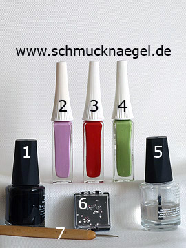 Produkte für das Blumen Design mit Nagellack und Strasssteinen - Nagellack, Nailart Liner, Strasssteine, Spot-Swirl