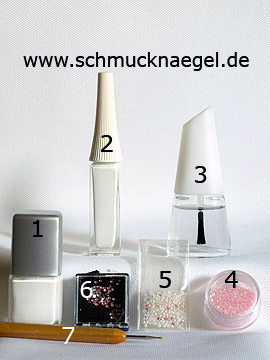 Produkte für das Hochzeit Motiv mit Halbperlen und Strasssteinen - Nagellack, Nailart Liner, Glitter-Pulver, Halbperlen, Strasssteine, Spot-Swirl