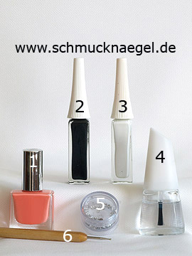 Produkte für das Design 'Lachs farbiges Motiv mit Strassstein' - Nagellack, Nailart Liner, Strasssteine, Spot-Swirl