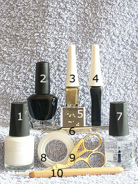 Produkte für das Party Motiv in schwarz weiß - Nagellack, Strasssteine, Nailart Liner, Spot-Swirl, Klarlack