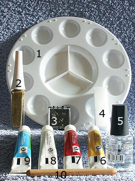 Produkte für das French mit Acrylfarben - Acrylfarben, Strasssteine, Nailart Liner, Spot-Swirl, Klarlack