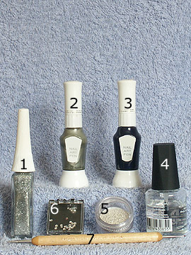 Produkte für das Party Motiv in silber - Nailart Bouillons, Nailart Liner, Nailart Pen, Strasssteine, Spot-Swirl, Klarlack