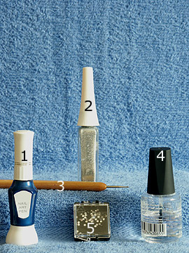 Produkte für die Anleitung für Schmucknägel - Nailart Liner, Nailart Pen, Strasssteine, Spot-Swirl, Klarlack