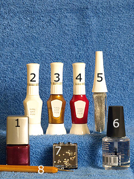 Productos para arte de uñas en granate y plata-glitter - Esmalte, Nail art pen, Nail art liner, Piedras strass, Spot-Swirl, Esmalte transparente