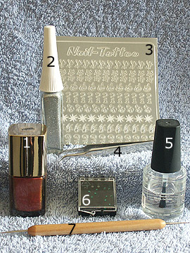 Productos para decoración estilo cobre - Esmalte, Nail-Tattoos, Nail art liner, Piedras strass, Spot-Swirl, Pinzeta, Esmalte transparente