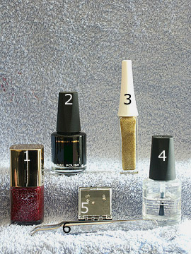 Productos para motivo en rojo-glitter - Esmalte, Piedra strass, Nail art liner, Pinzeta, Esmalte transparente