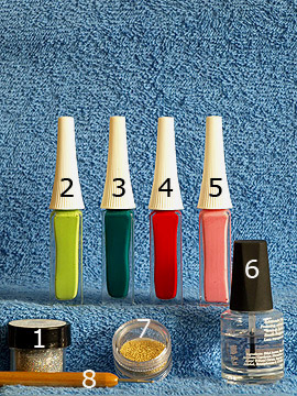 Productos para motivo 'Uñas francesa con polvo en plata' - Nail art liner, Spot-swirl, Polvo, Nail art bouillons, Esmalte transparente