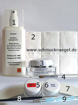 Productos para motivo rojo con gel de color para uñas - Líquido limpiador, Pads manicura, Gel-UV sellador, Lima, Gel color, Spot-Swirl