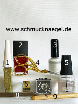 Productos para motivo con hoja metálica en oro y piedras strass - Esmalte, Nail art liner, Pegamento hoja metálica, Hoja metálica, Piedras strass, Spot-Swirl
