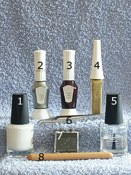 Productos para uñas francesas con técnica spot-swirl - Esmalte, Piedras strass, Nail art liner, Nail art pen, Spot-Swirl, Esmalte transparente