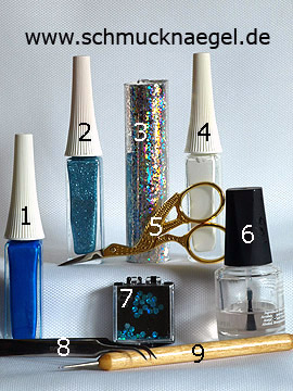 Productos para motivo con holograma en plata y lentejuelas en turquesa - Nail art liner, Holograma, Spot-Swirl, Lentejuelas