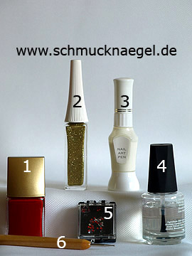 Productos para uñas francesas con esmalte en rojo - Esmalte, Nail art liner, Nail art pen, Piedras strass, Spot-Swirl