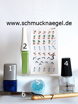 Productos para motivo con delfin tridimensional y astillas de concha - Esmalte, Nail art liner, Autoadhesiva tridimensional, Astillas de concha del mar, Spot-Swirl