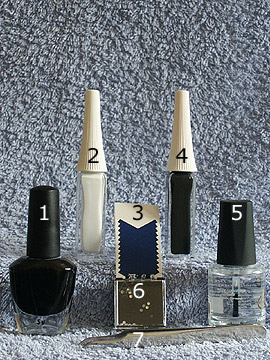 Productos para motivo uñas francesas en negro - Esmalte, Nail art liner, Plantillas manicura francesa, Piedras strass, Esmalte transparente